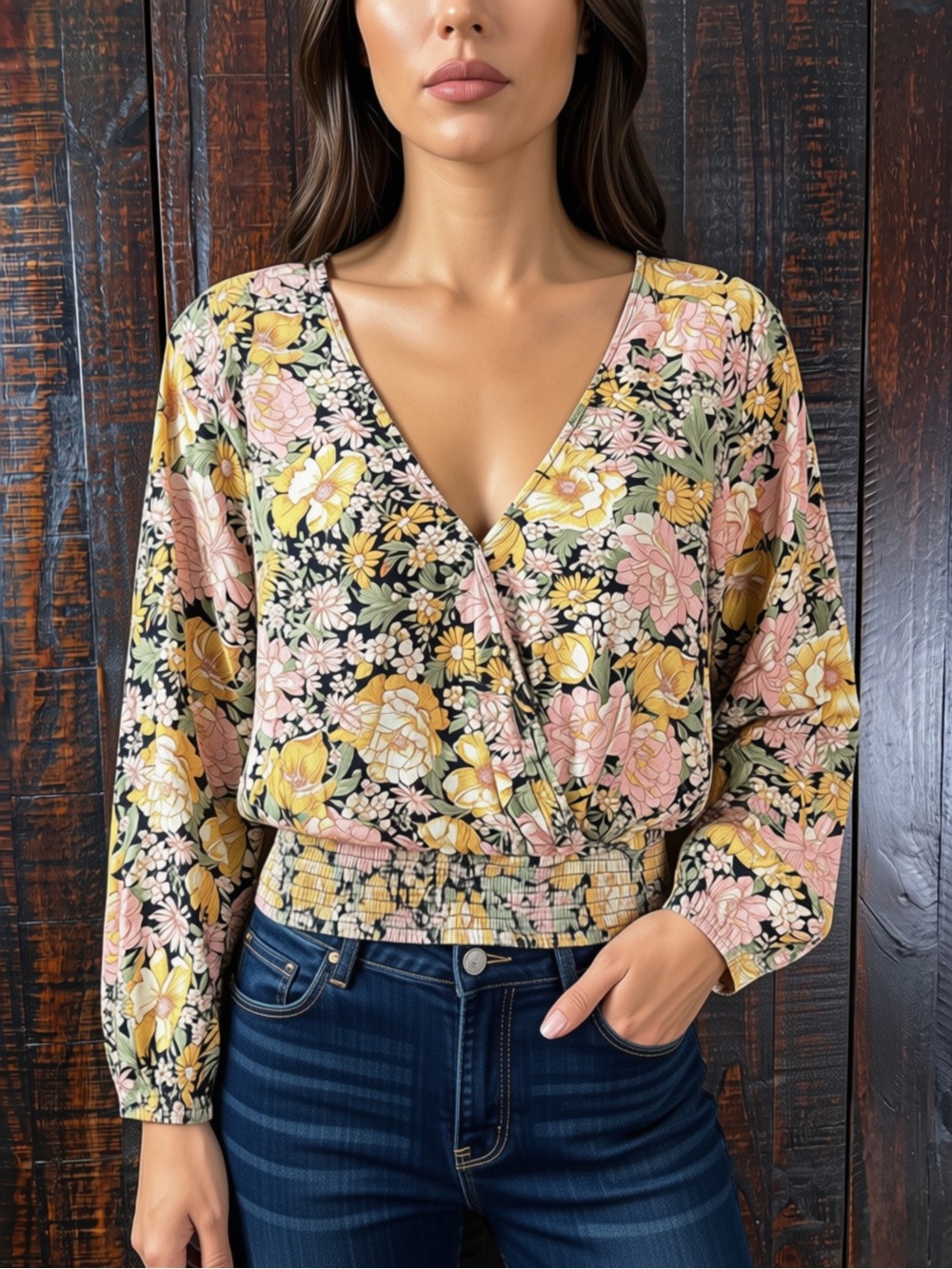 American Eagle Floral Faux Wrap-Front Smocked Hem Top - XS
